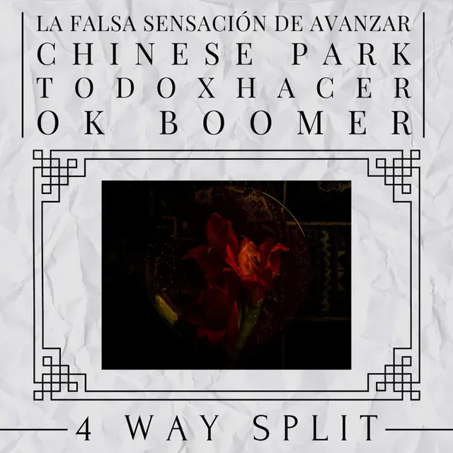 Portada blanca con los nombres de las cuatro bandas y una imagen roja enmarcada.