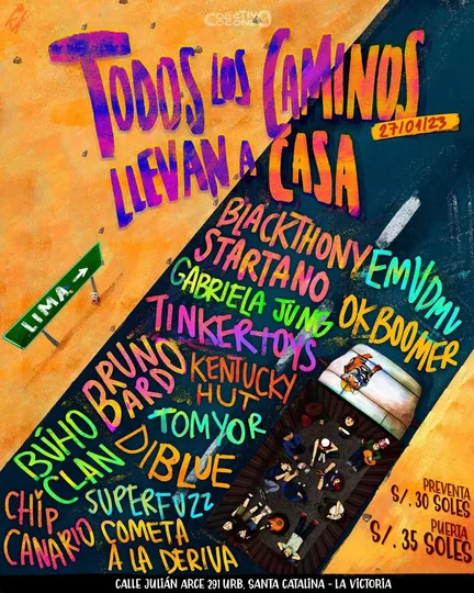 Flyer de «Todos los caminos llevan a casa» con Ok Boomer y Kentucky Hut, entre otras bandas.