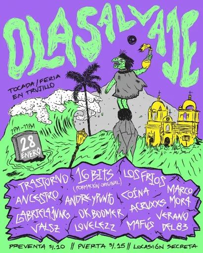 Flyer verde y violeta del festival Ola Salvaje.